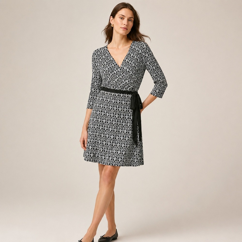 Bob Mackie Womens Faux Wrap Dress XL Fleur De Lis Print Black White Workwear Mod